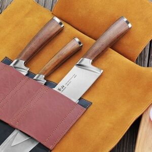 Elegant Stainless Steel Knife Set with Brown Wooden Handles